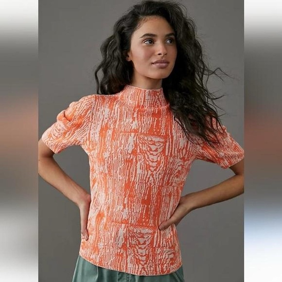 Anthropologie Tops - Anthropologie Maeve Bosca Puff
Sleeve Sweater Tee Wood Grain Orange